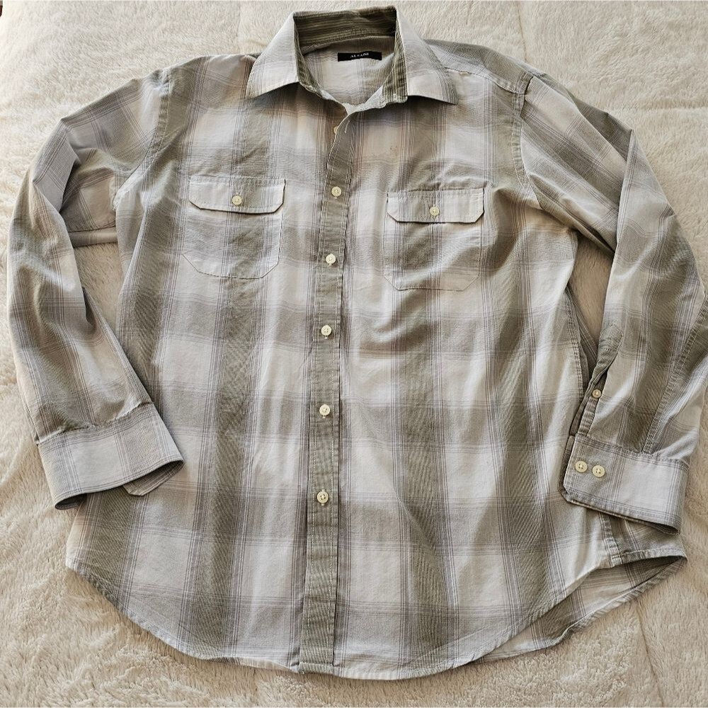 Alfani Men's Gray Plaid Shirt Size Large Gay/Green Plaid